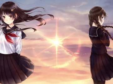 动漫 动漫少女 插画 夕阳