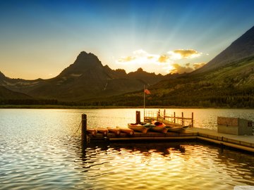 风景 夕阳 晚霞 湖泊 栈桥